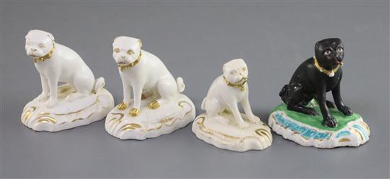 Four Derby porcelain figures of seated pug dogs, c.1830, H. 5.5cm - 7cm